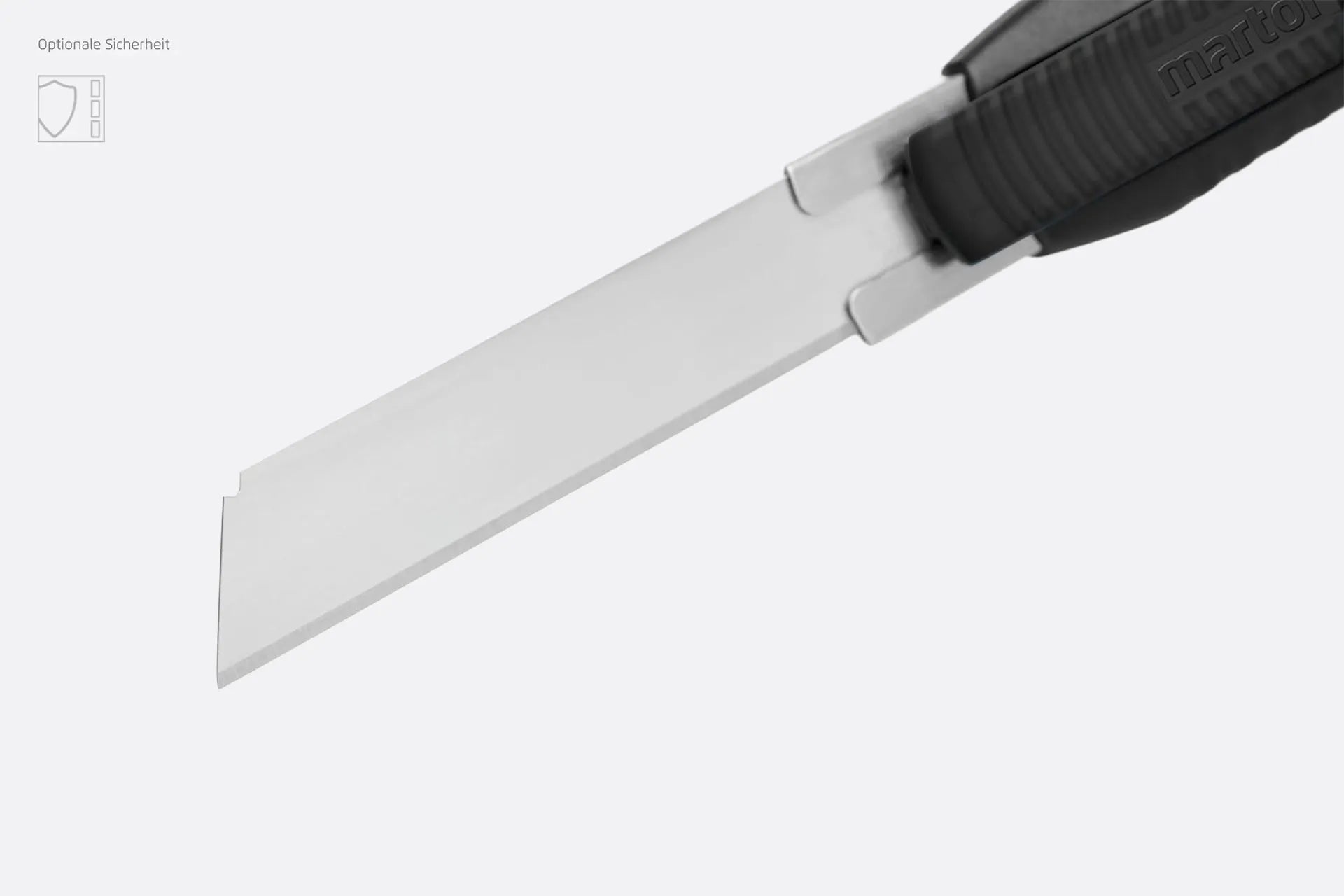 Martor SECUBASE 383 mit lang ausgefahrener Klinge – Sicherheitsstufe „optionale Sicherheit", SICHERHEITSCUTTER.DE