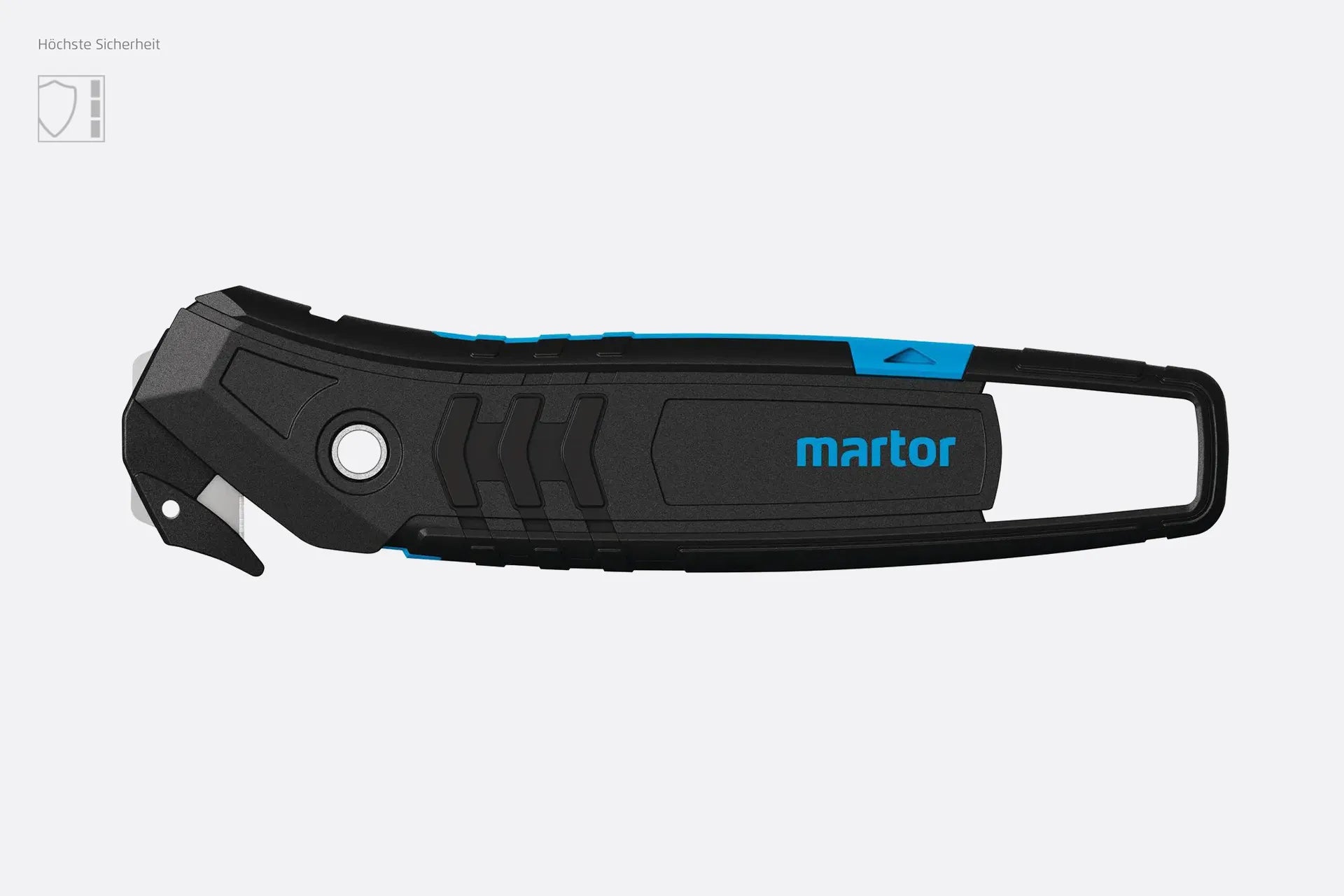 Das ergonomische MARTOR SECUMAX 350 Sicherheit Messer mit verdeckt liegender Klinge vor weißem Hintergrund von SICHERHEITSCUTTER.DE.