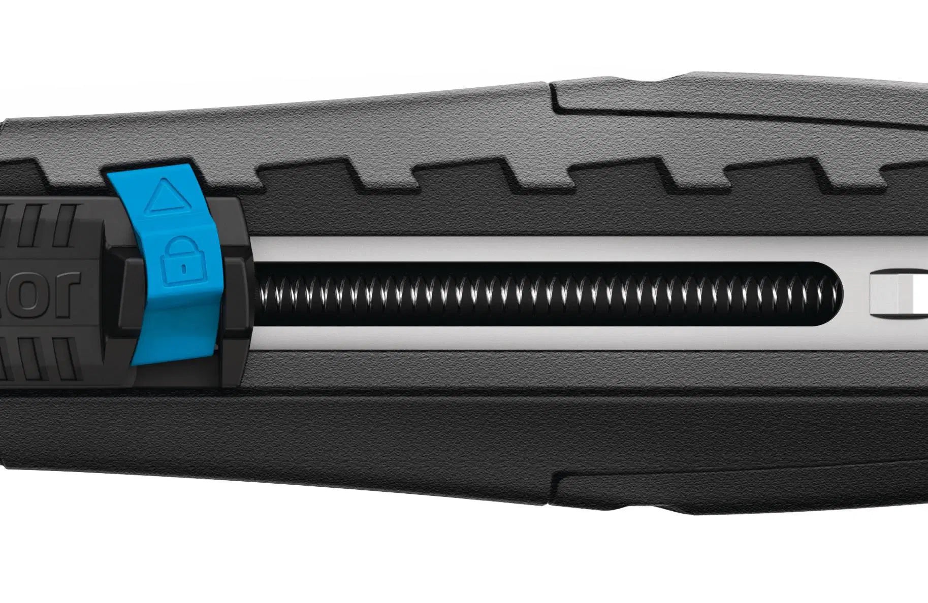 Detailaufnahme des blauen Sicherungsschiebers und der innenliegenden Feder des MARTOR SECUNORM 380 Sicherheitsmessers vor weißem Hintergrund von SICHERHEITSCUTTER.DE.