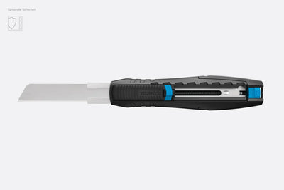 MARTOR SECUBASE 383 Sicherheitsmesser mit voll ausgefahrener Styroporklinge vor weißem Hintergrund, Sicherheitsstufe „optionale Sicherheit”