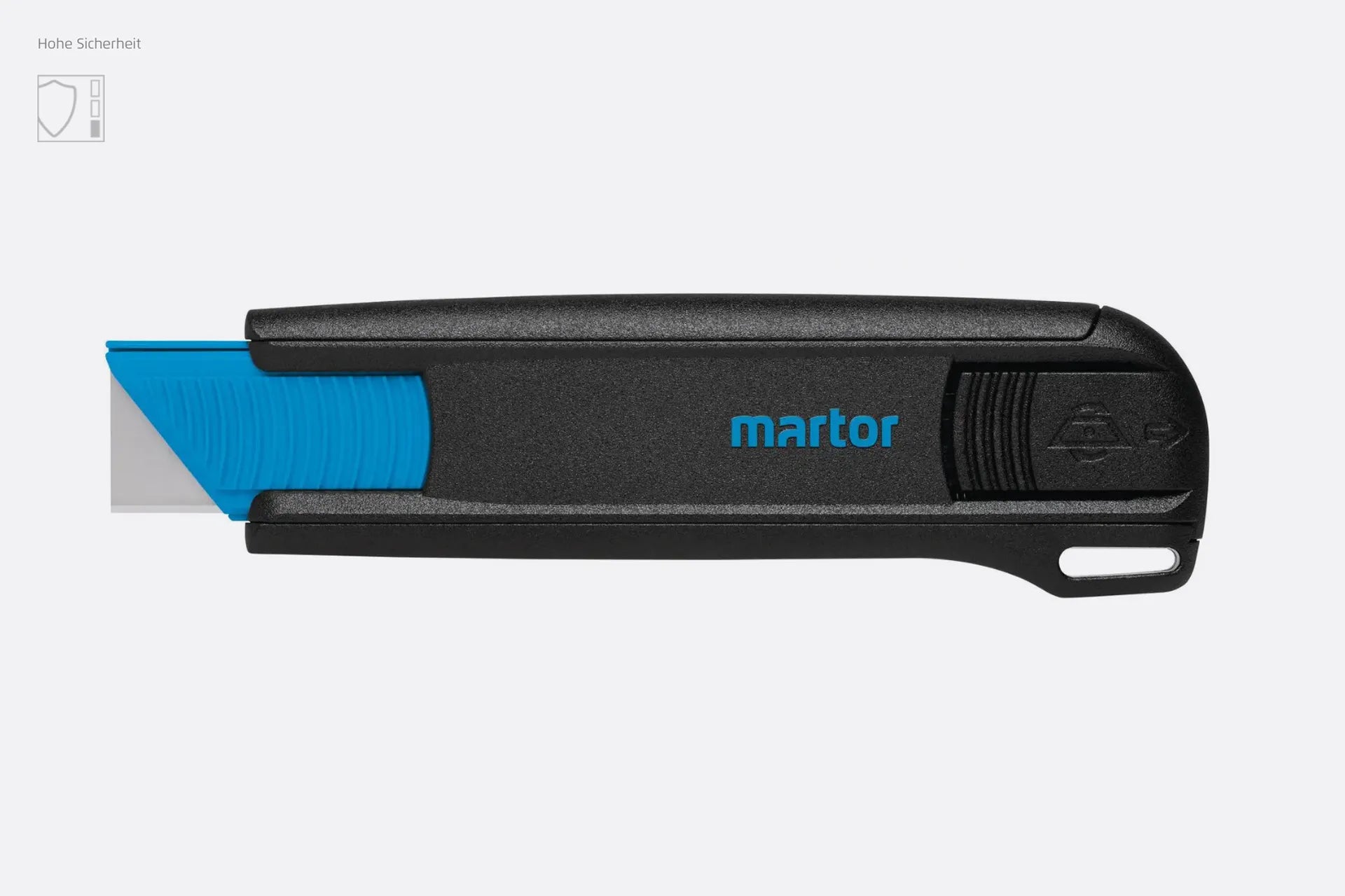 Das handliche MARTOR SECUNORM 175 Sicherheitsmesser mit ausgefahrener Trapezklinge vor weißem Hintergrund und dem Hinweis „Hohe Sicherheit“ oben links von SICHERHEITSCUTTER.DE.