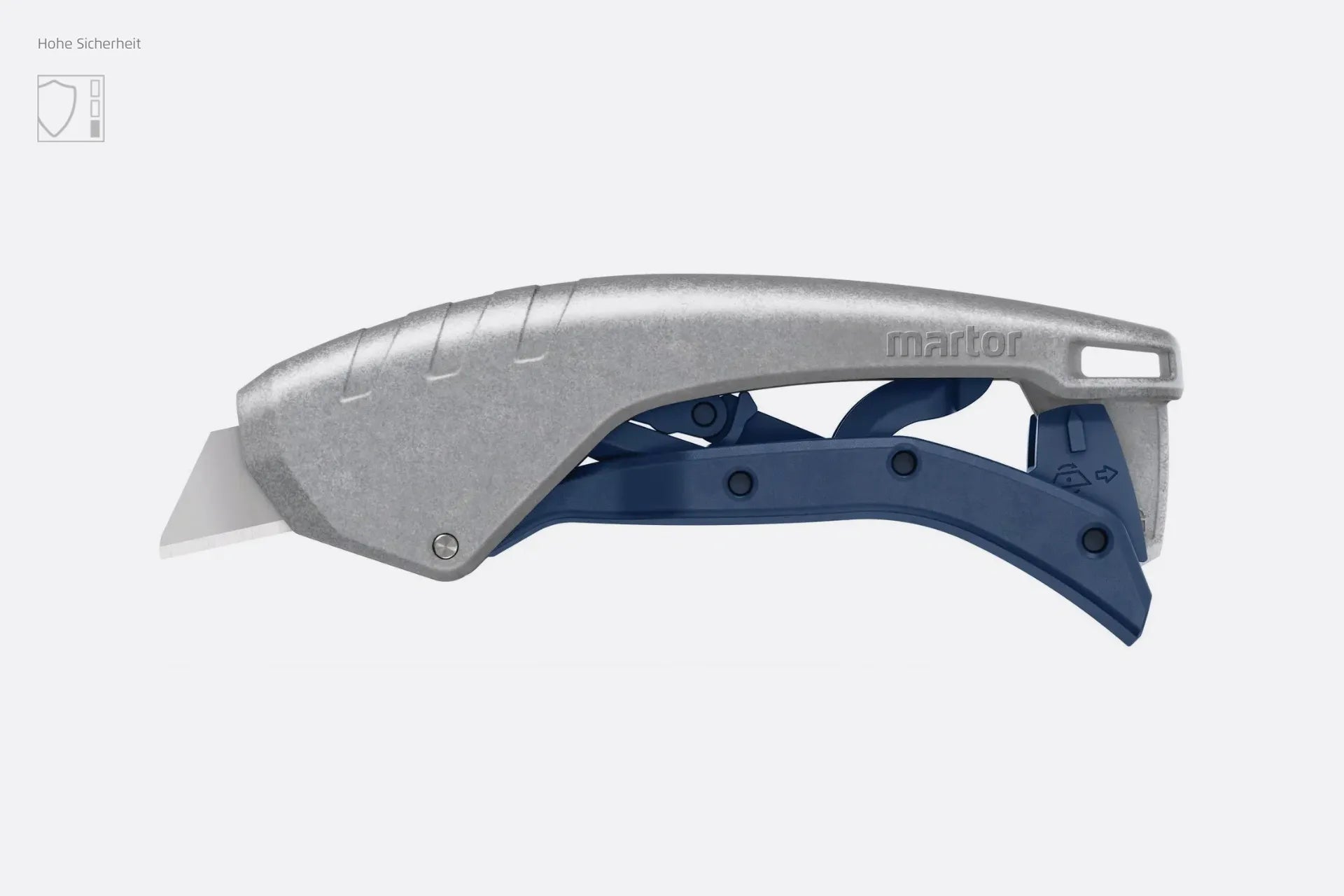 Das robuste MARTOR SECUNORM 610 XDR Sicherheitsmesser mit ausgefahrener Trapezklinge vor weißem Hintergrund von SICHERHEITSCUTTER.DE.