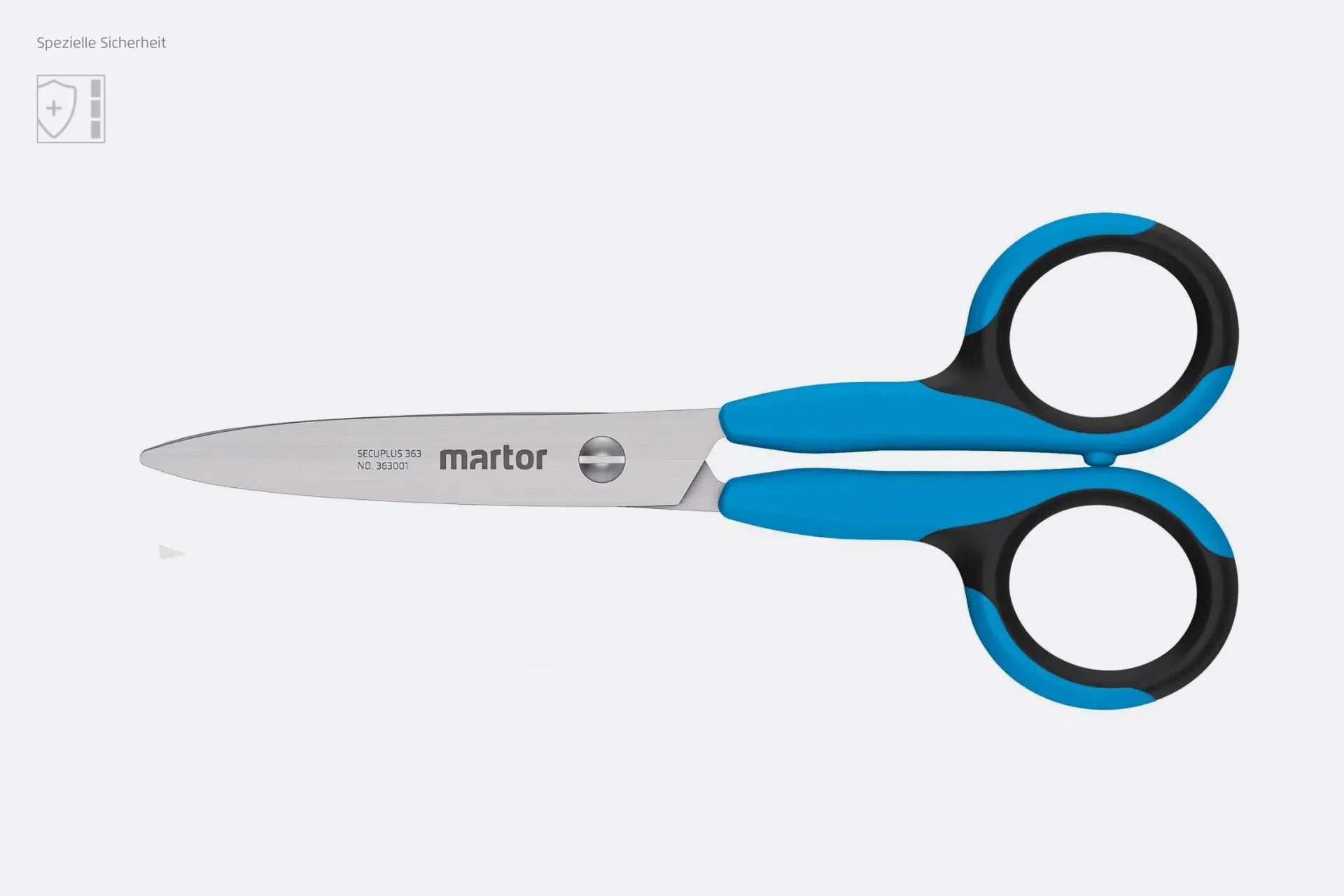 Die ergonomische MARTOR SECUPLUS 363 Sicherheits-Schere vor weißem Hintergrund mit dem Hinweis „Spezielle Sicherheit“ oben links von SICHERHEITSCUTTER.DE.