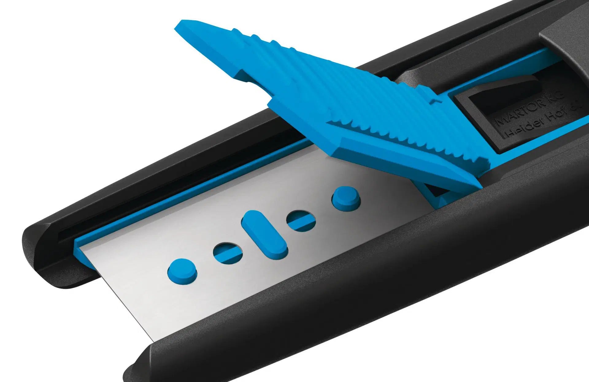 Werkzeugloser Klingenwechsel am Martor Sicherheitsmesser – blauer Klingenhalter mit Klinge 175001 geöffnet, SICHERHEITSCUTTER.DE