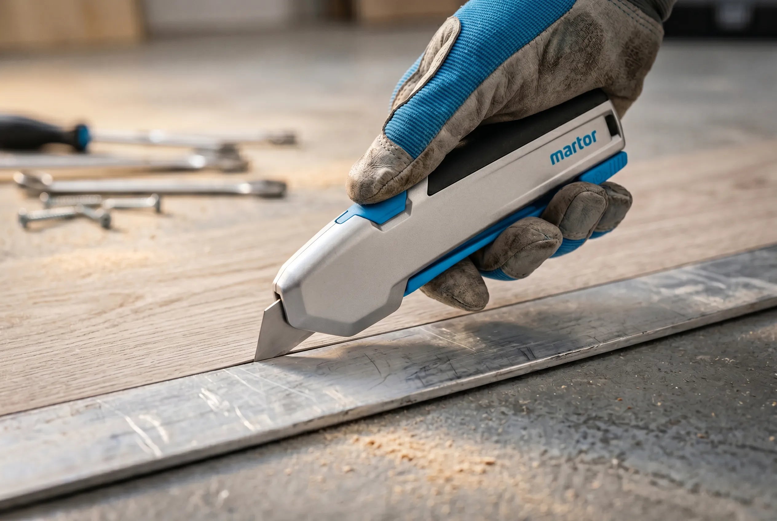 Hand mit Arbeitshandschuh schneidet präzise ein Holzfurnier an einer Metallschiene mit dem MARTOR SECUPRO 625 Sicherheitsmesser von SICHERHEITSCUTTER.DE.