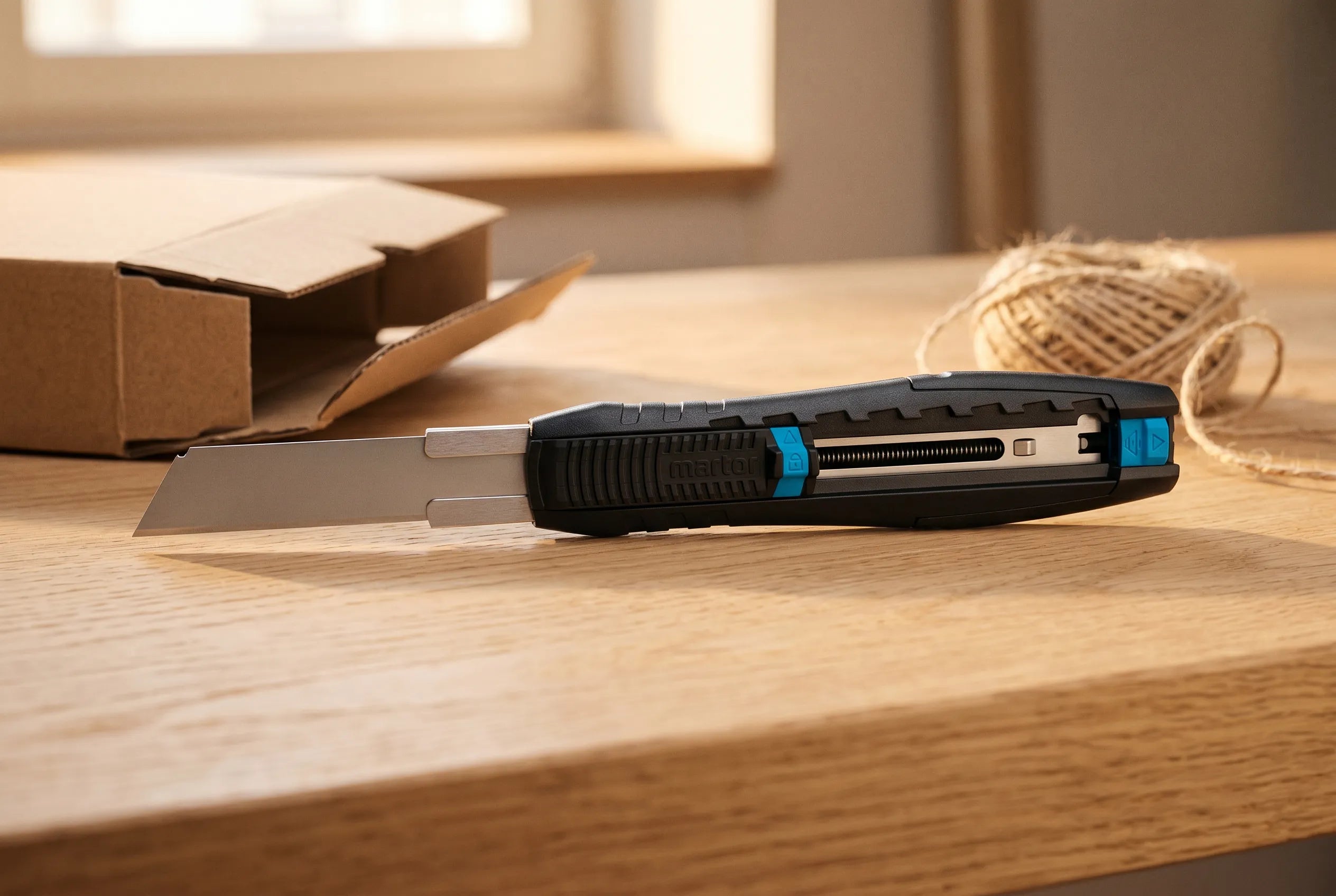 Professionelles MARTOR SECUNORM 380 Sicherheitsmesser mit voll ausgefahrener, langer Klinge auf einem Holztisch von SICHERHEITSCUTTER.DE.