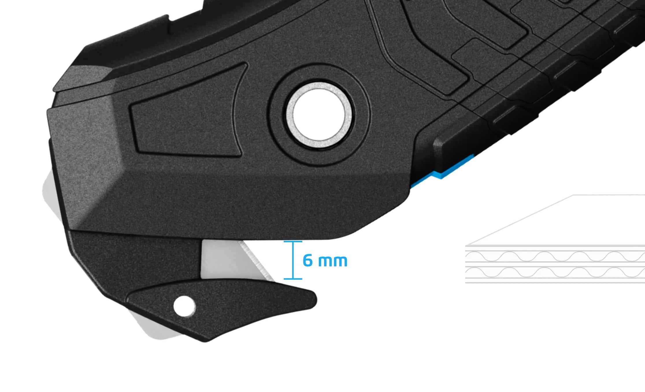 Detailaufnahme des MARTOR SECUMAX 350 Sicherheitscutters von SICHERHEITSCUTTER.DE mit Kennzeichnung der 6 mm Schnitttiefe für mehrwellige Kartons.