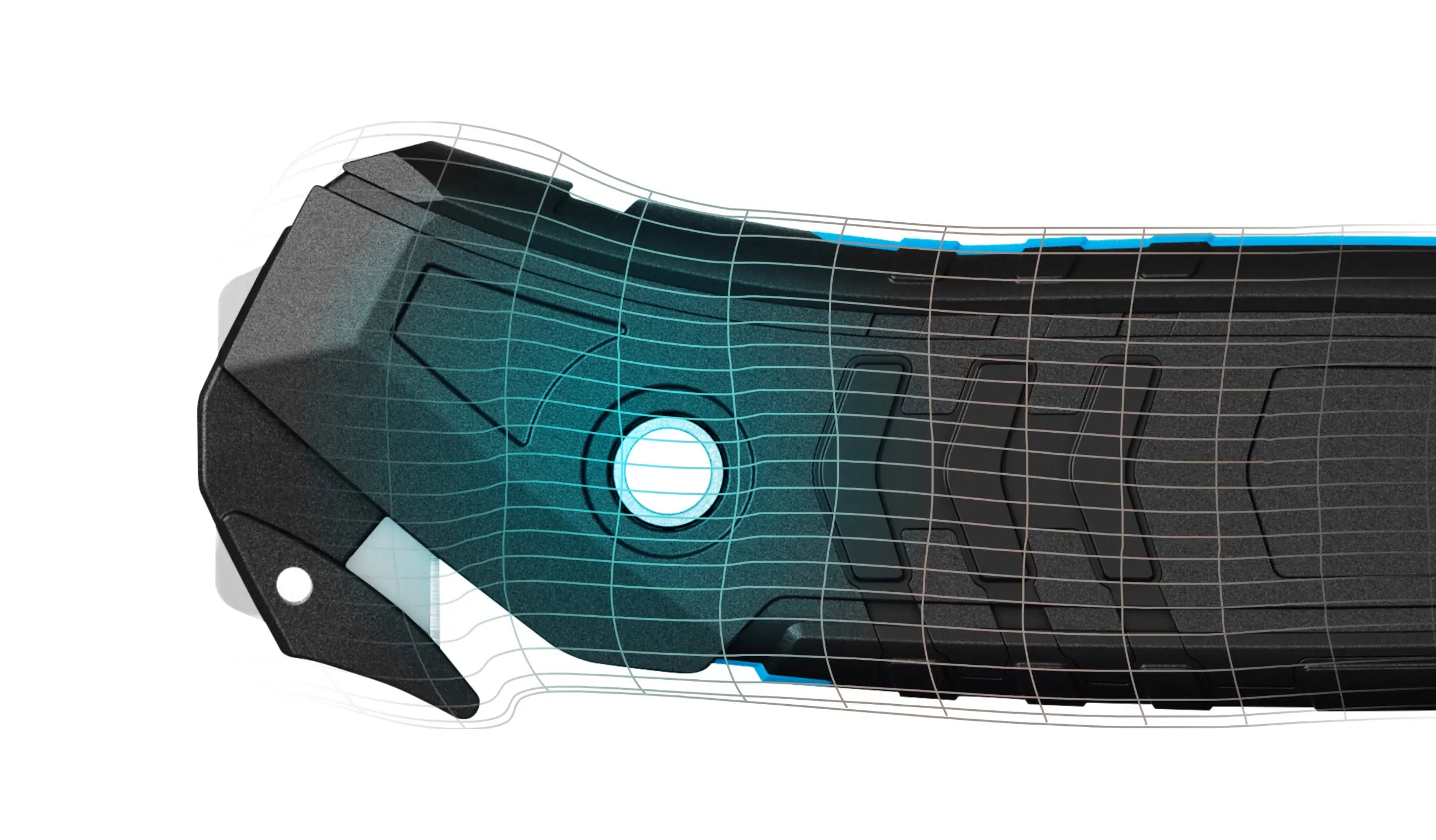 Detailaufnahme des robusten Gehäuses und der ergonomischen Struktur des MARTOR SECUMAX 350 Sicherheitscutters von SICHERHEITSCUTTER.DE mit einem schematischen Gitter-Overlay zur Veranschaulichung des Designs.