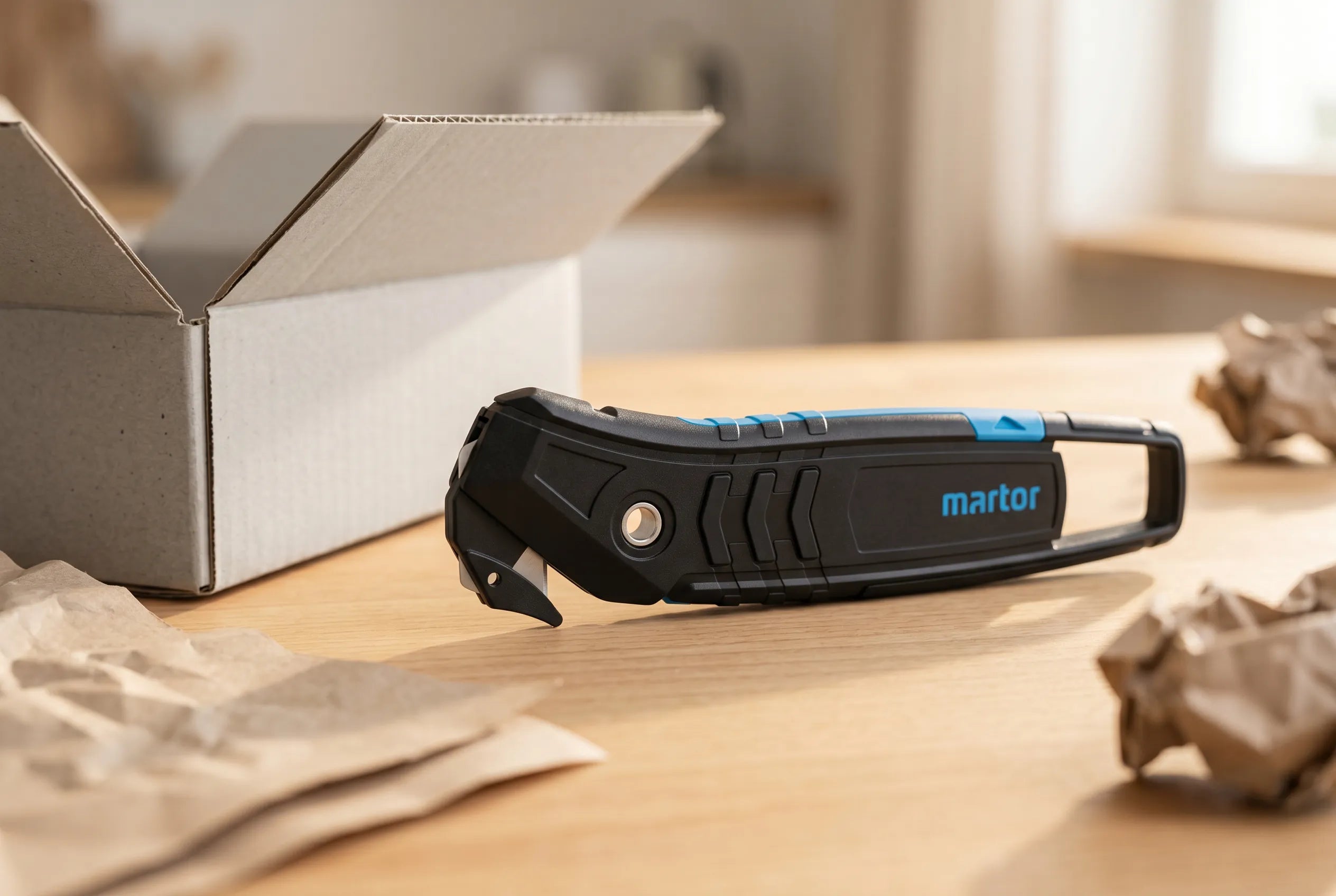 Martor SECUMAX 350 liegt neben geöffnetem Paket und Packpapier auf dem Tisch – SICHERHEITSCUTTER.DE