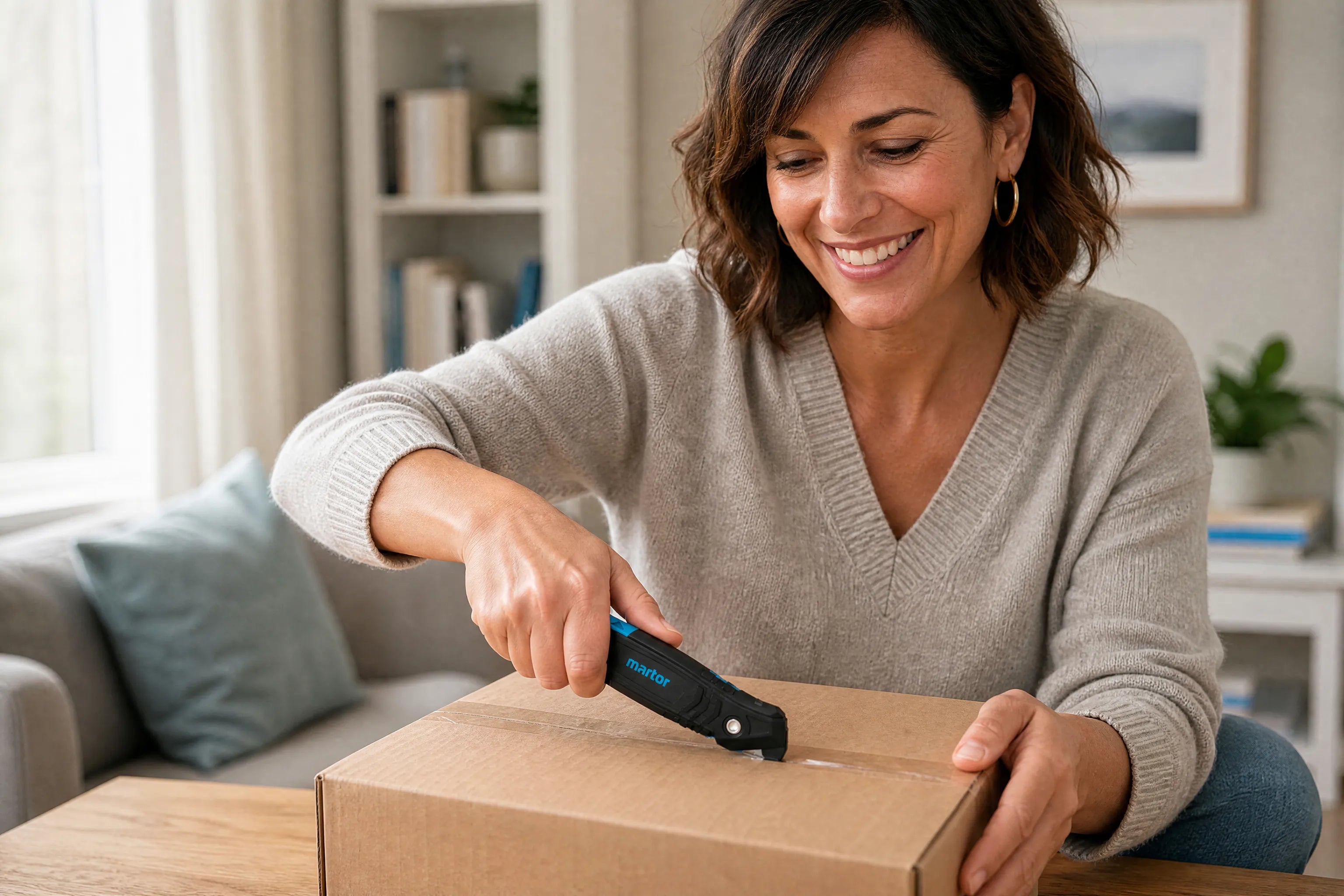 Eine lächelnde Frau schneidet das Paketklebeband eines Kartons sicher mit dem MARTOR SECUMAX 350 Sicherheitscutter von SICHERHEITSCUTTER.DE auf.