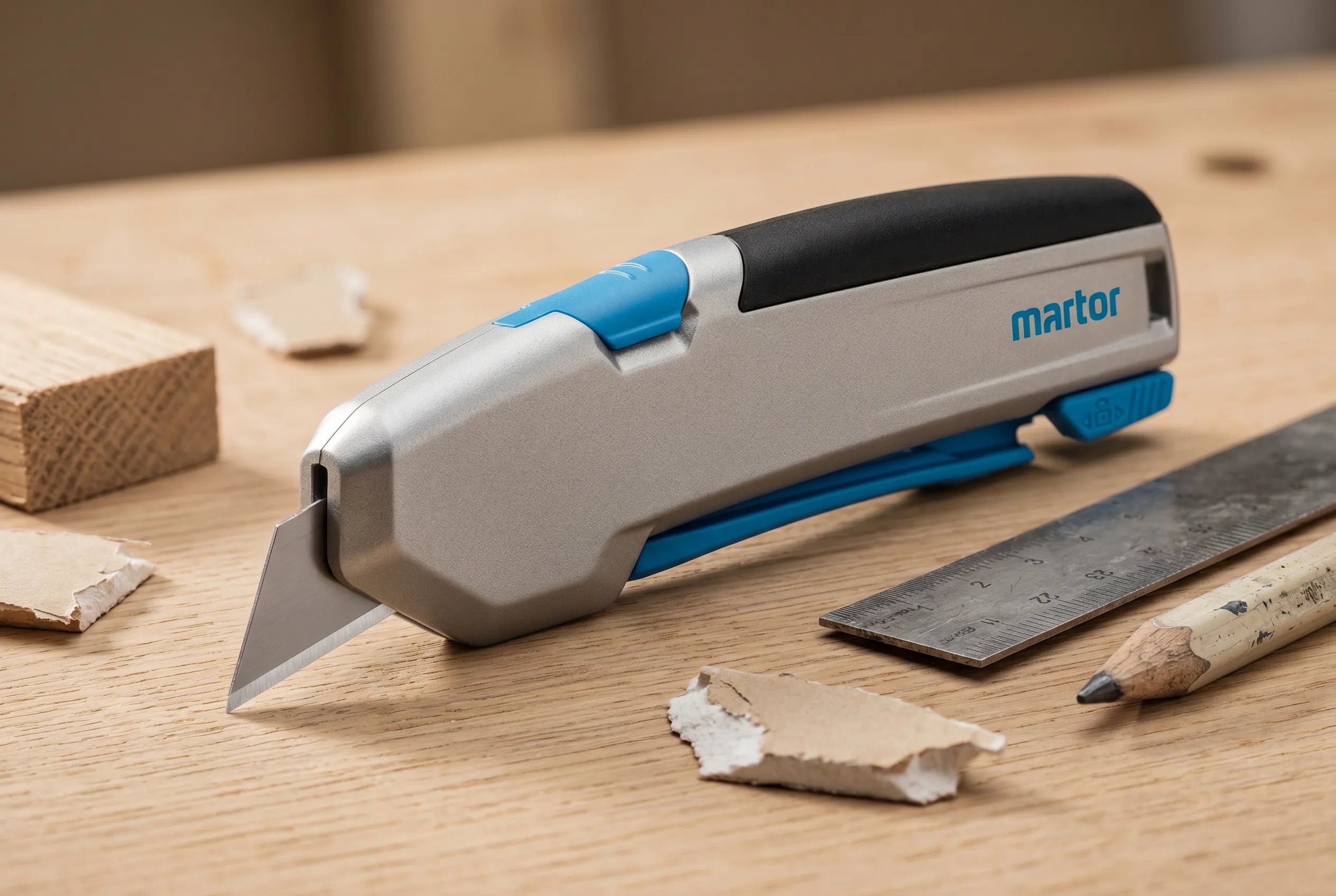 Hier ist der SEO-Alt-Text für das Bild:
Professionelles MARTOR SECUPRO 625 Sicherheitsmesser mit ausgefahrener Klinge auf einer Werkbank neben Lineal und Bleistift von SICHERHEITSCUTTER.DE.
