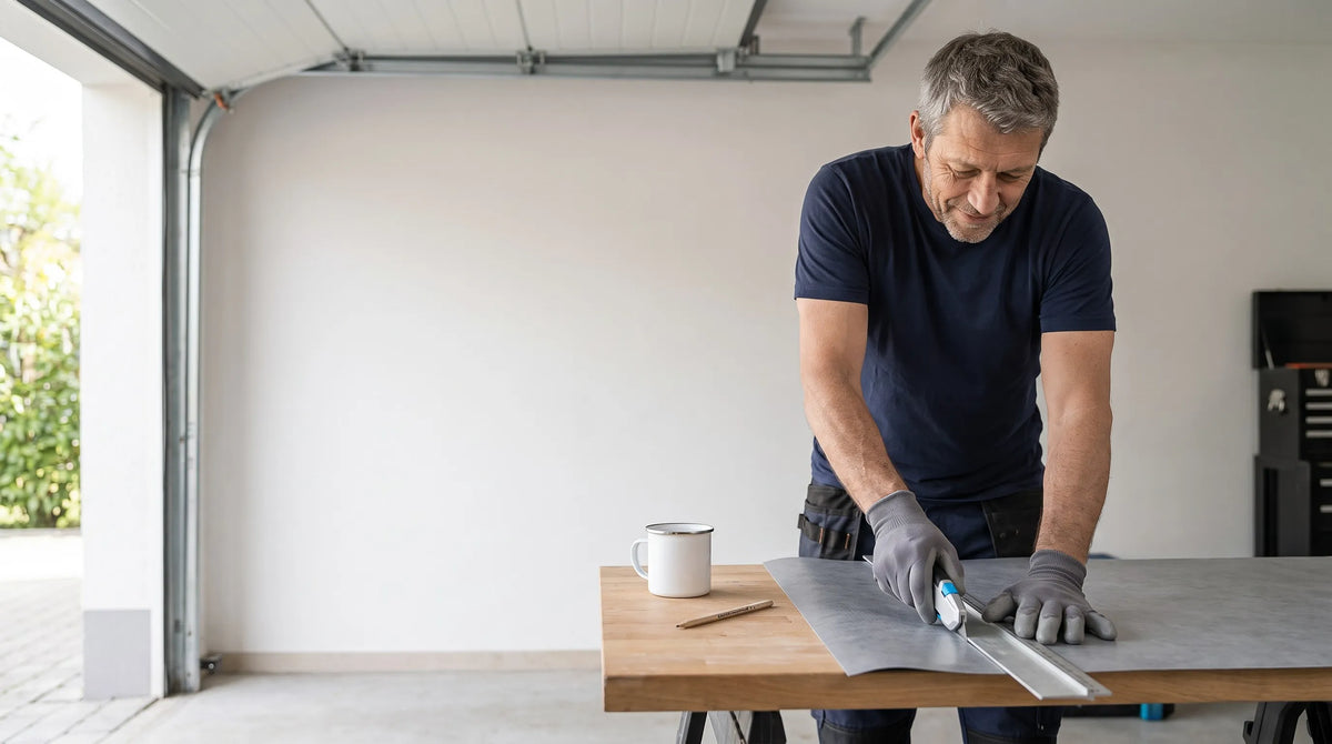 Heimwerker schneidet in der Garage Vinylboden entlang einer Metallschiene mit dem MARTOR SECUPRO 625 – SICHERHEITSCUTTER.DE