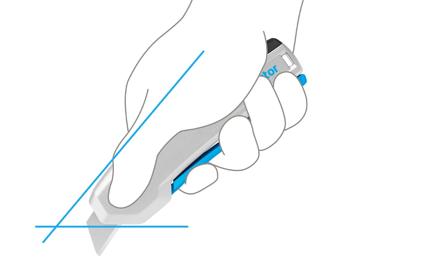 Illustration: Handhaltung am Martor SECUPRO 625 – Finger drücken den Griffhebel für den Klingenvorschub, SICHERHEITSCUTTER.DE
