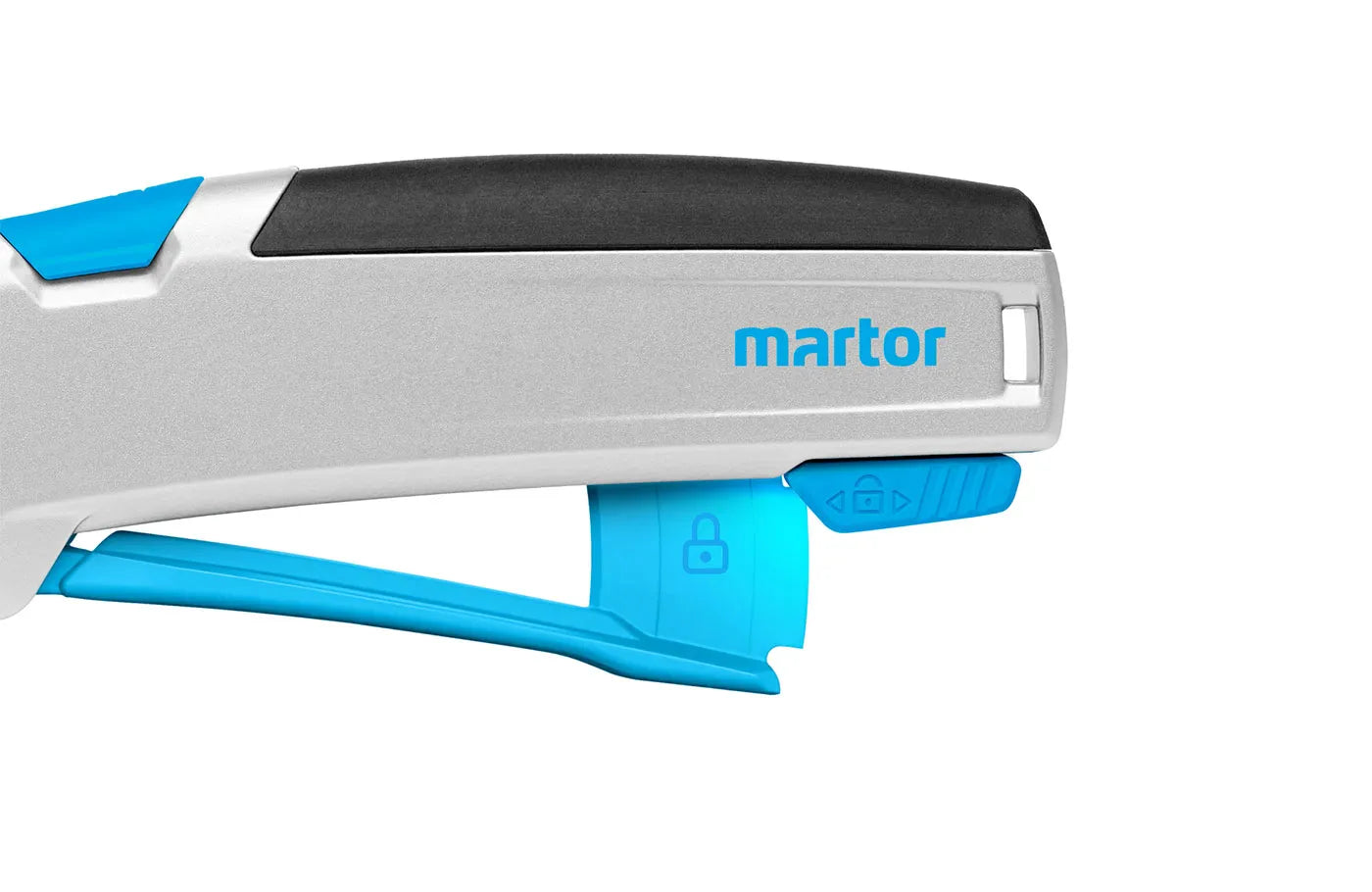Martor SECUPRO 625 – geöffneter Griffhebel mit Schloss-Symbol für die Verriegelungsfunktion, SICHERHEITSCUTTER.DE
