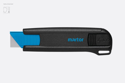Das handliche MARTOR SECUNORM 175 Sicherheitsmesser mit ausgefahrener Trapezklinge vor weißem Hintergrund und dem Hinweis „Hohe Sicherheit“ oben links von SICHERHEITSCUTTER.DE.