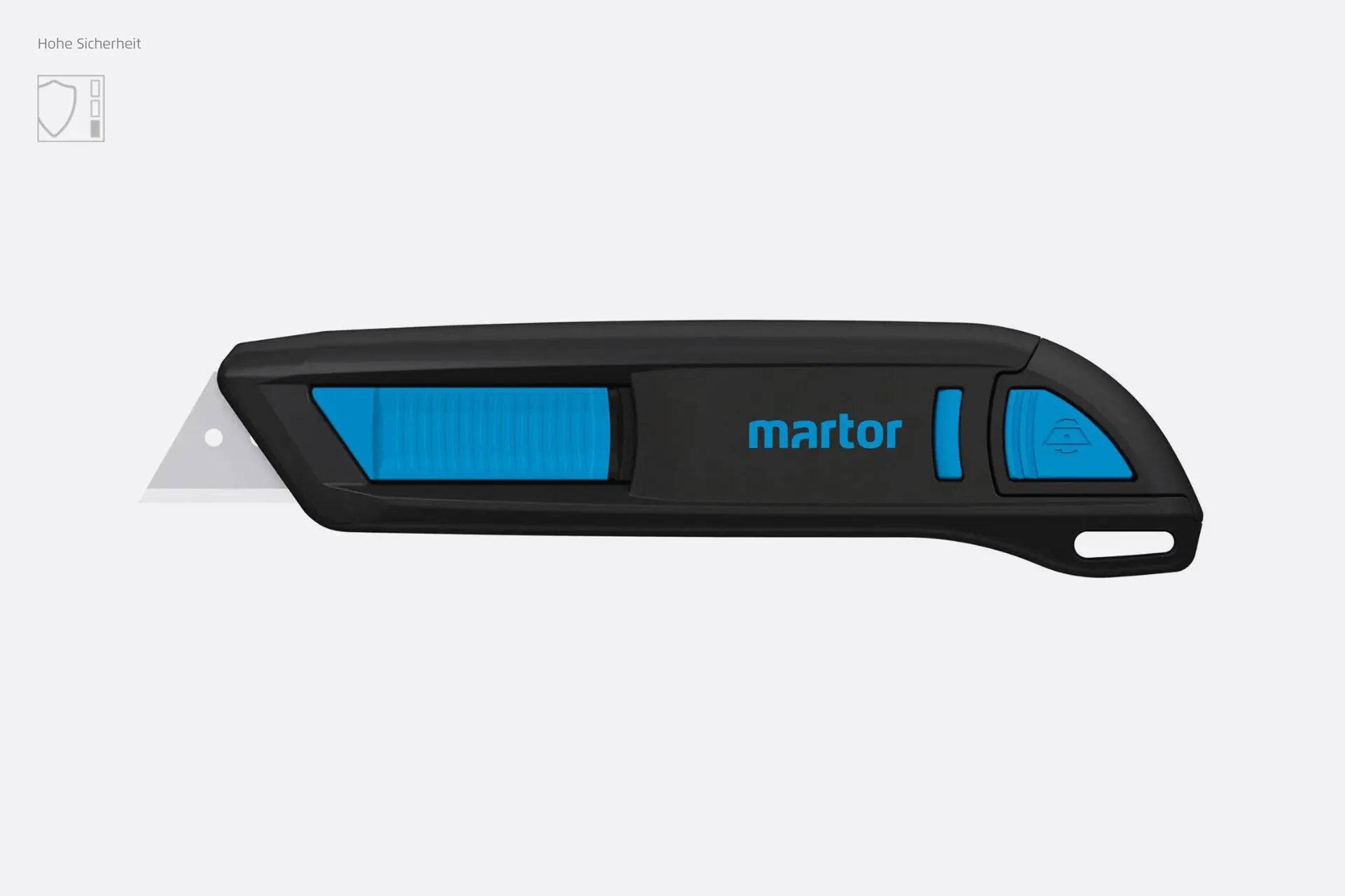 Das ergonomische MARTOR SECUNORM 300 Sicherheitsmesser mit ausgefahrener Trapezklinge vor weißem Hintergrund von SICHERHEITSCUTTER.DE.