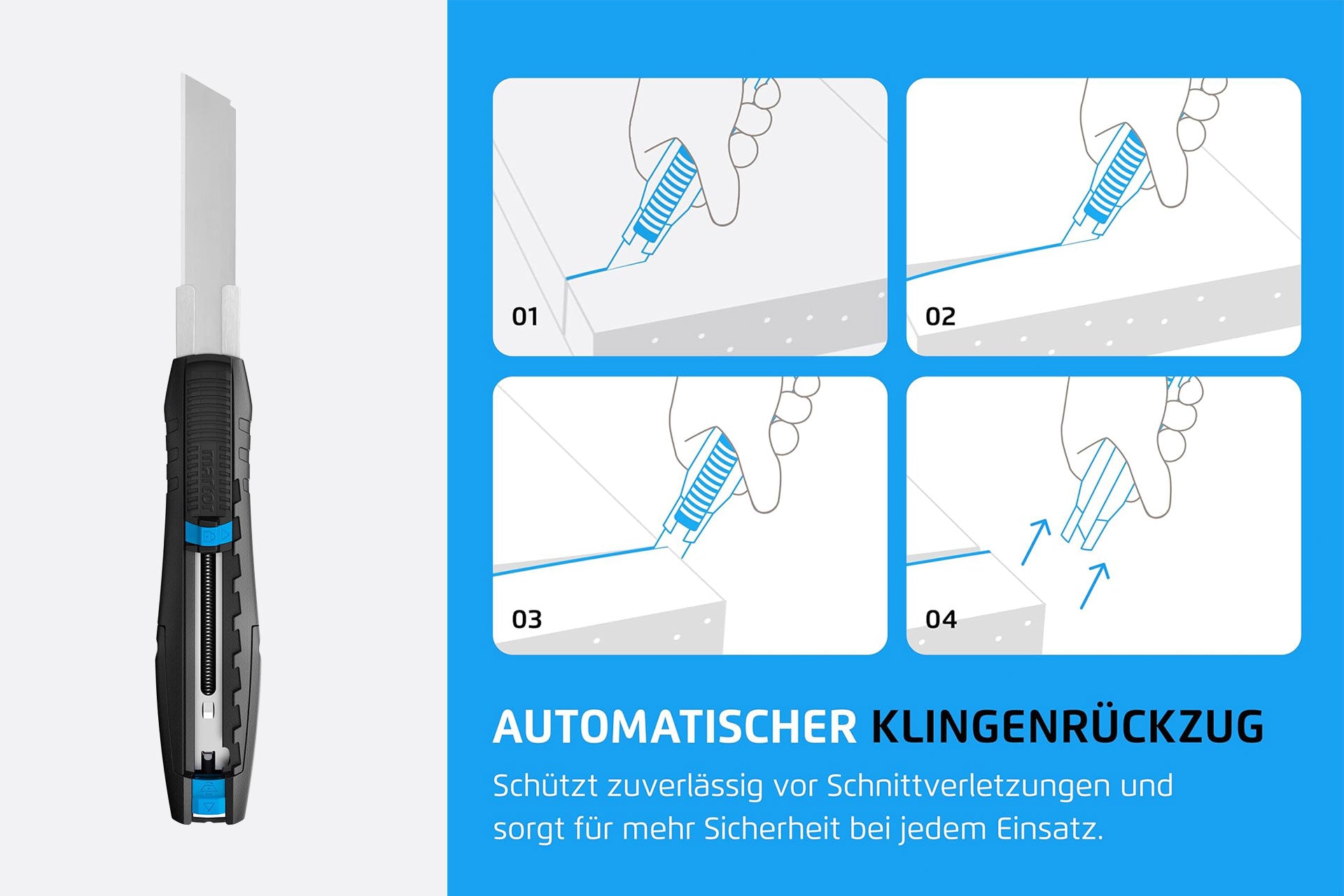 Infografik: Automatischer Klingenrückzug am Martor SECUBASE 383 in vier Schritten – schützt vor Schnittverletzungen, SICHERHEITSCUTTER.DE

