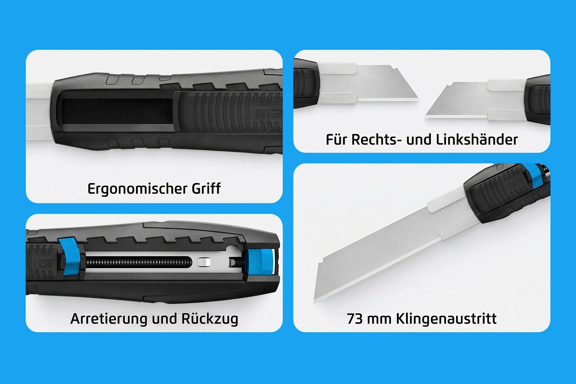 Infografik Martor SECUBASE 383: ergonomischer Griff, für Rechts- und Linkshänder, Arretierung und Rückzug, 73 mm Klingenaustritt – SICHERHEITSCUTTER.DE
