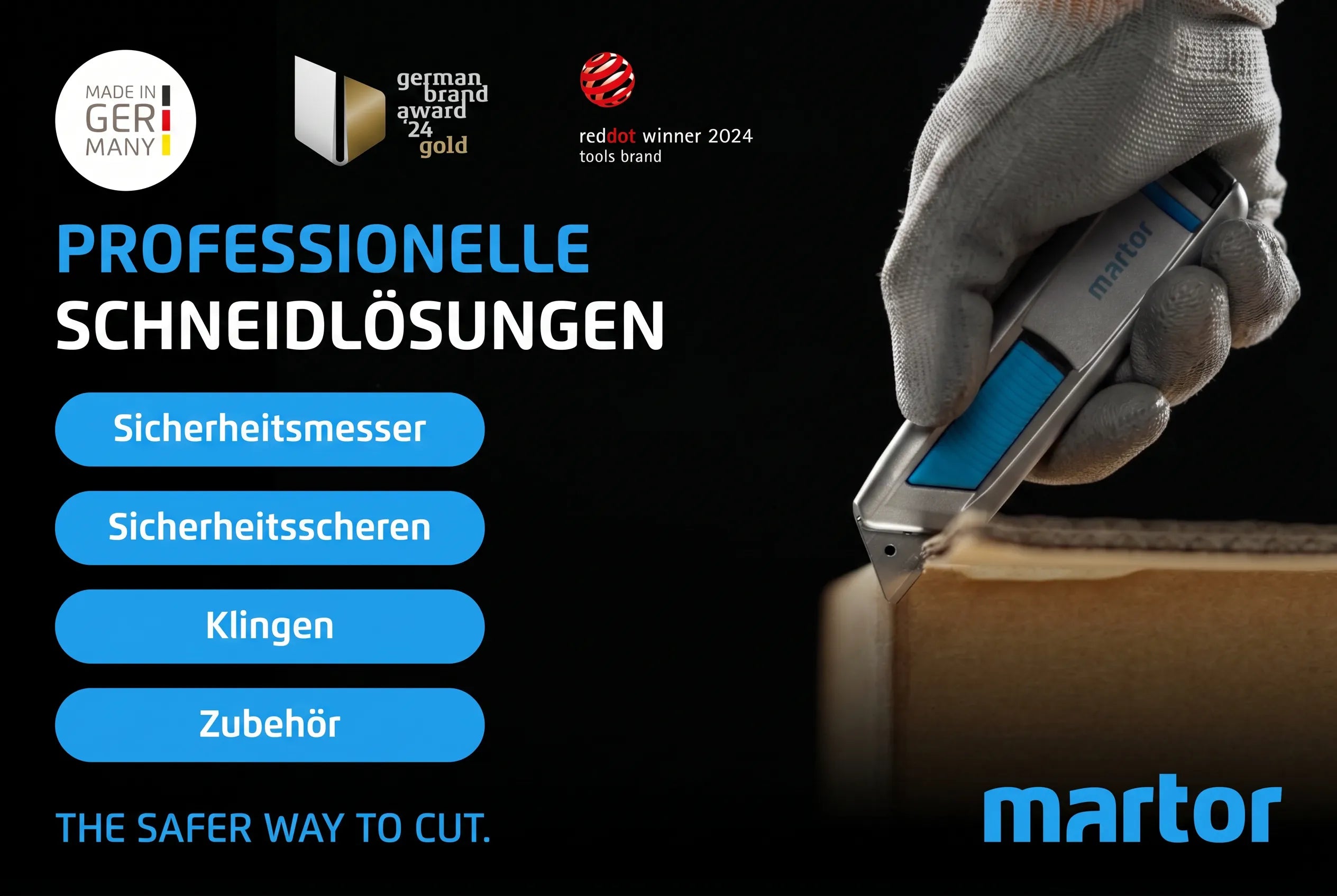 Martor Sicherheitsmesser mit Schutzhandschuh beim Öffnen eines Kartons – professionelle Schneidlösungen bei SICHERHEITSCUTTER.DE