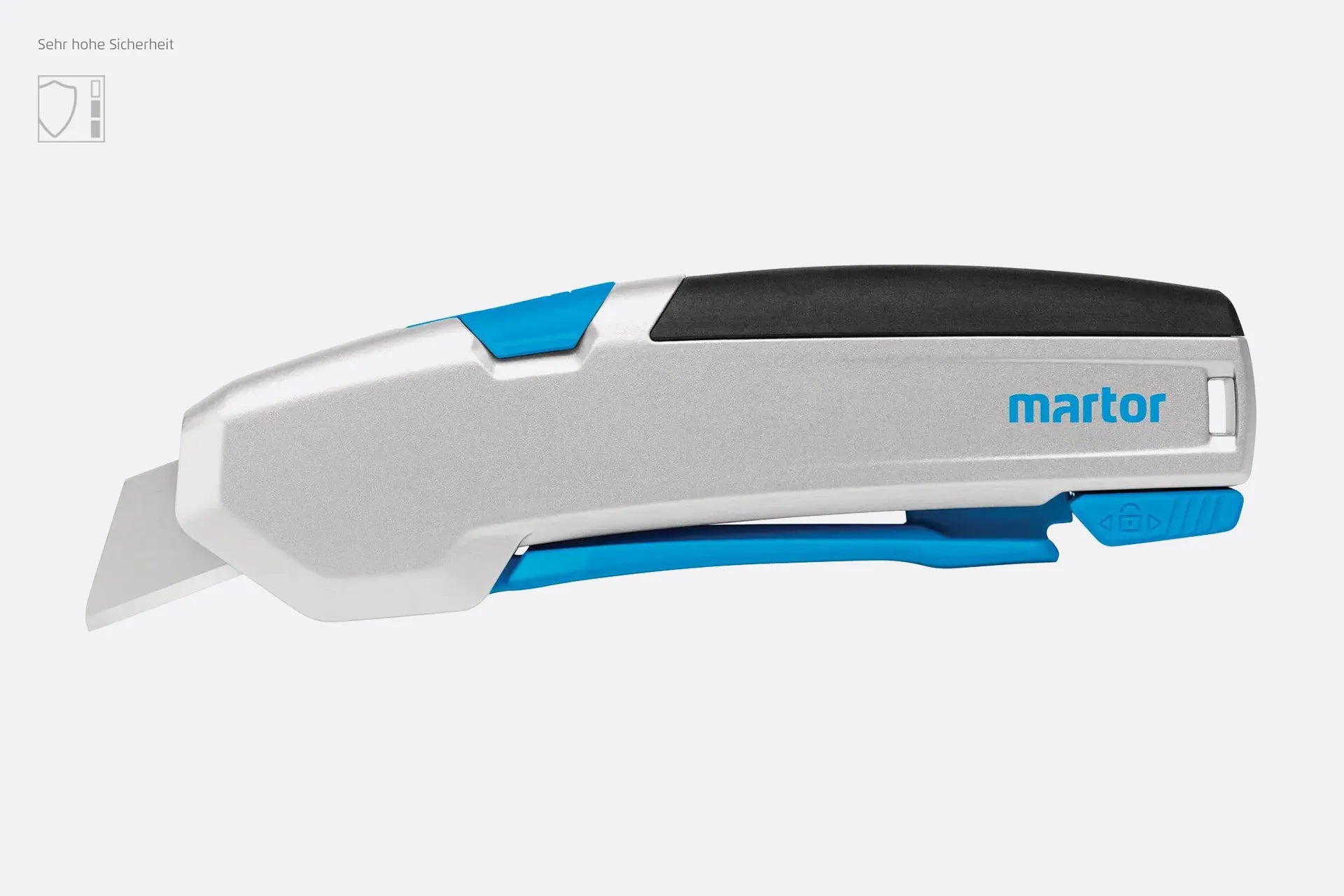 Das robuste MARTOR SECUNORM 500 Sicherheitsmesser mit ausgefahrener Trapezklinge vor weißem Hintergrund von SICHERHEITSCUTTER.DE.