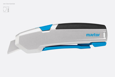 MARTOR SECUPRO 625 Sicherheitsmesser mit Aluminiumgriff und ausgefahrener Trapezklinge vor weißem Hintergrund