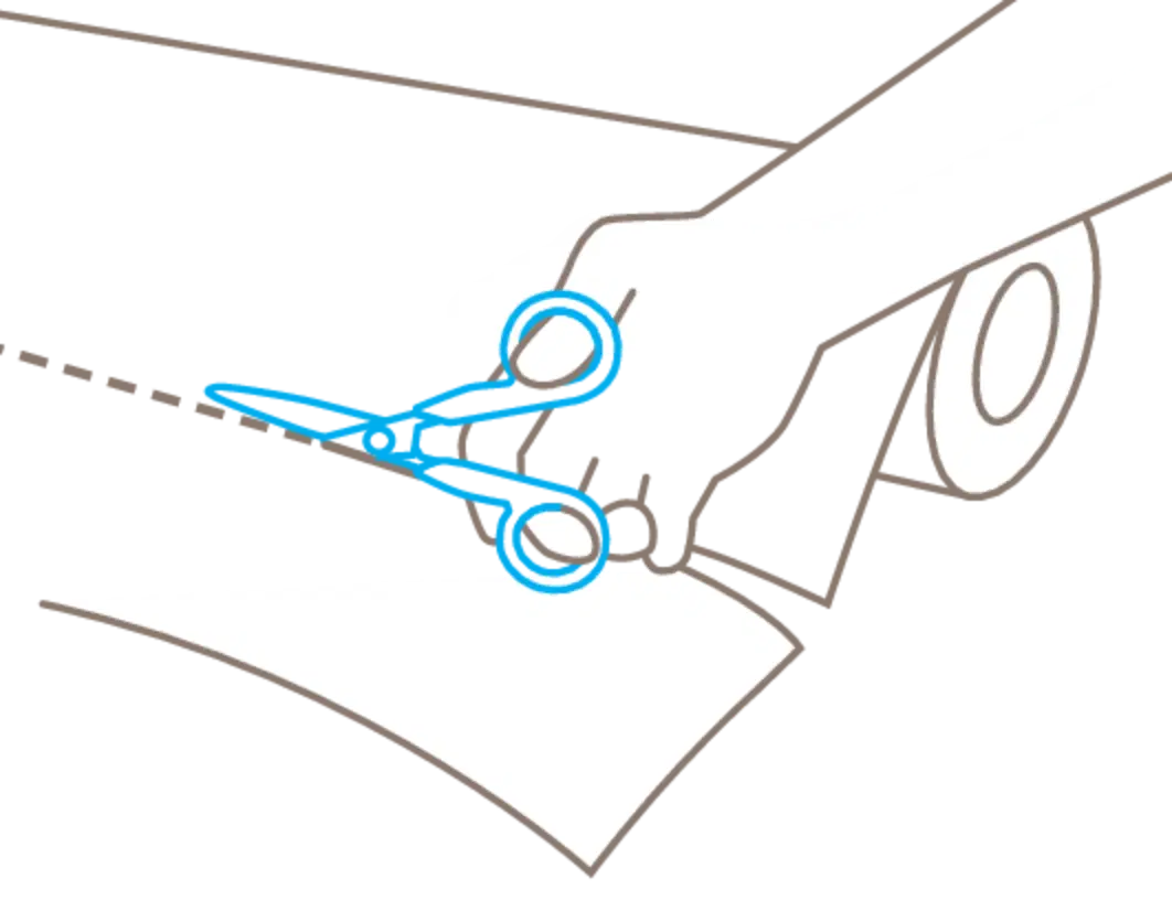 Illustration: Folie oder Papier von der Rolle mit Martor SECUPLUS 363 Sicherheitsschere zuschneiden – SICHERHEITSCUTTER.DE
