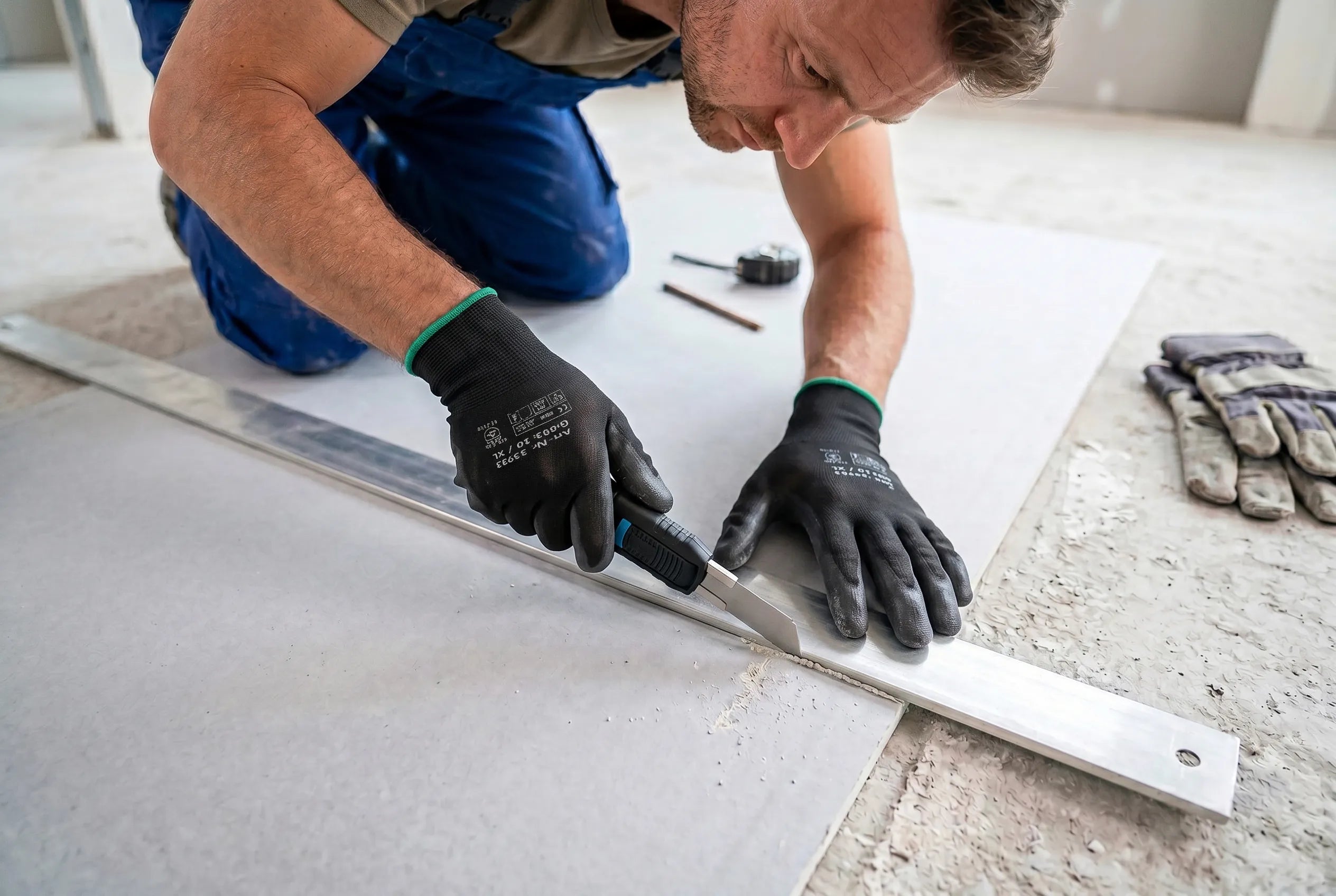 Handwerker schneidet Gipskartonplatte mit Martor SECUPRO 625 entlang einer Führungsschiene – SICHERHEITSCUTTER.DE
