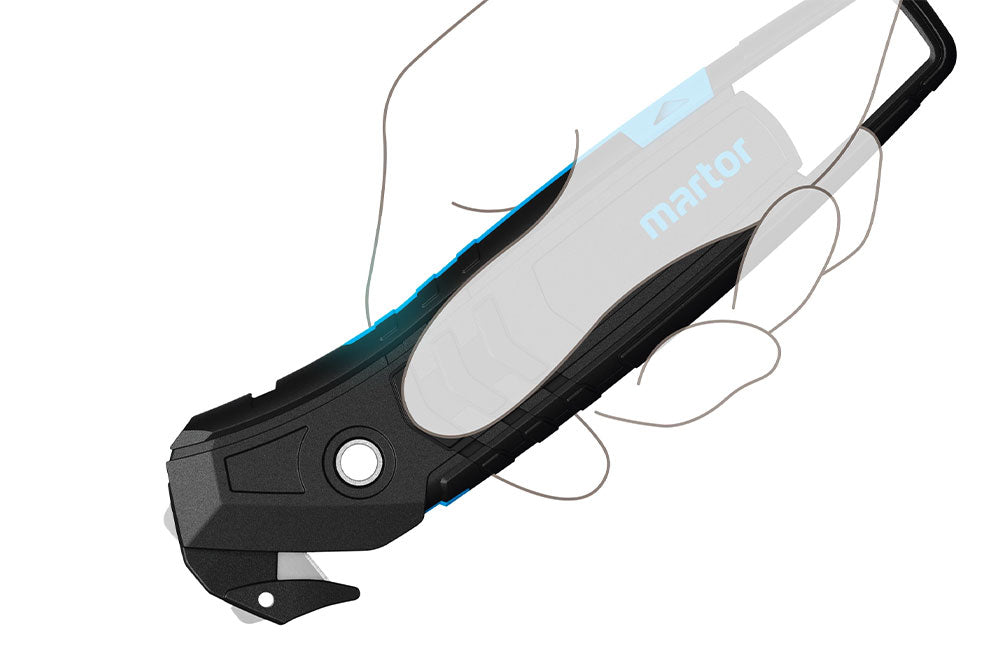 Schematische Darstellung der ergonomischen Griffform des MARTOR SECUMAX 350 Sicherheitscutters von SICHERHEITSCUTTER.DE mit einer Hand-Silhouette zur Veranschaulichung der Handhabung.