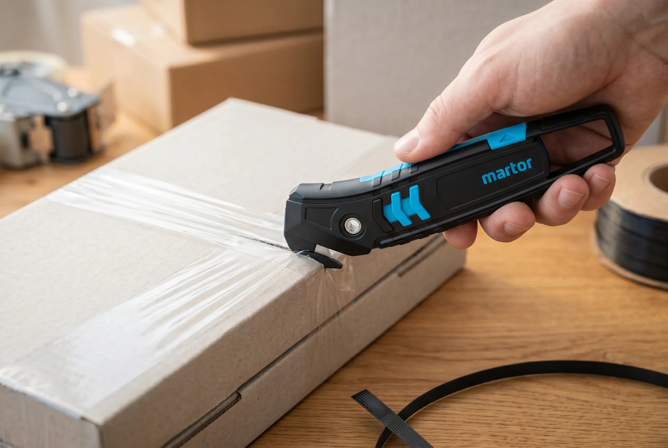 Sicheres Aufschneiden von Paketklebeband auf einem Karton mit dem MARTOR SECUMAX 350 Sicherheitscutter von SICHERHEITSCUTTER.DE.