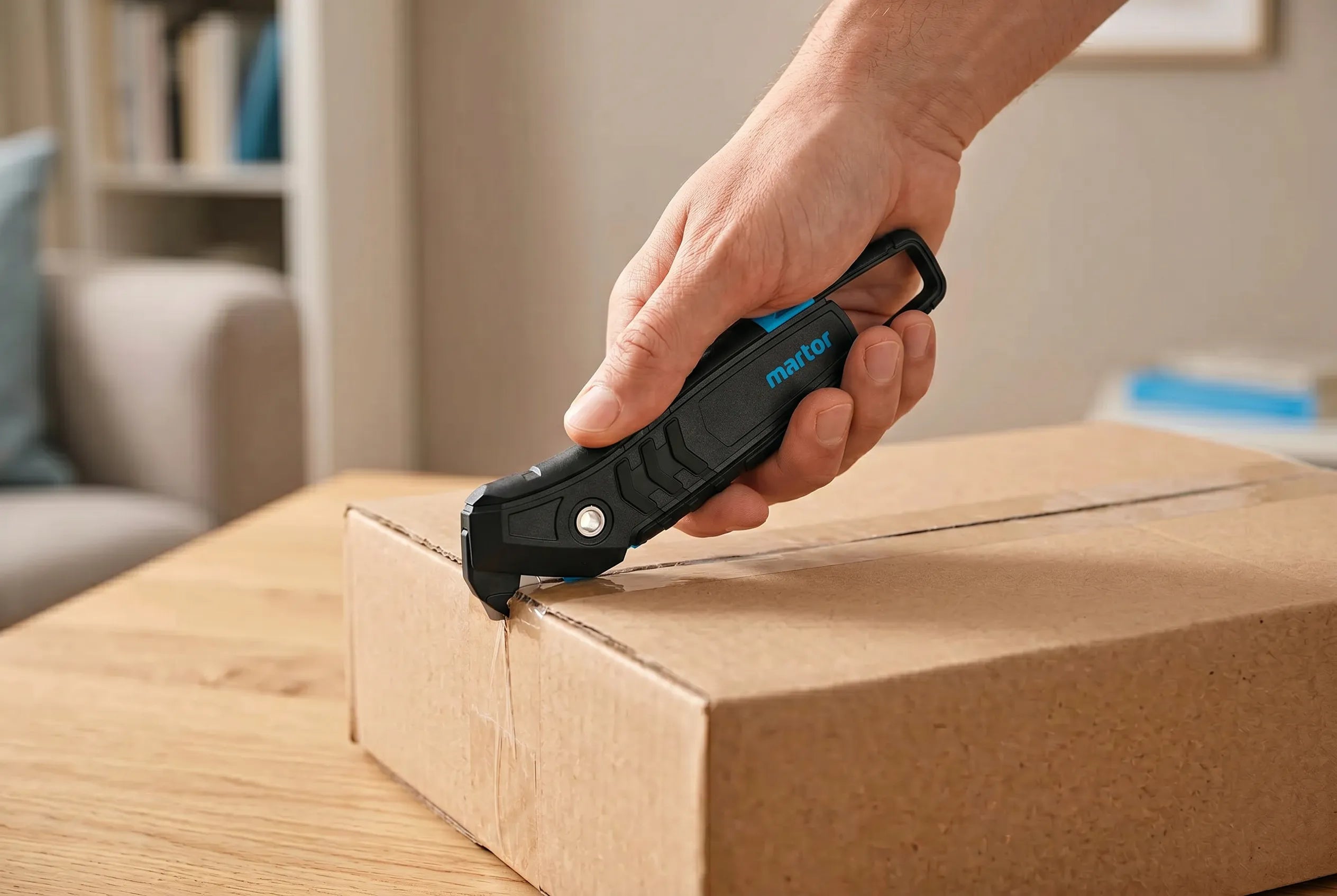 Professionelles Martor Sicherheitsmesser im Einsatz beim sicheren Öffnen eines Kartons