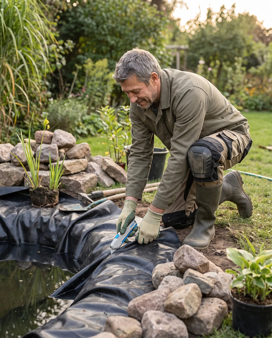 Heimwerker schneidet im Garten Teichfolie am neuen Gartenteich mit dem MARTOR SECUPRO 625 zu – SICHERHEITSCUTTER.DE
