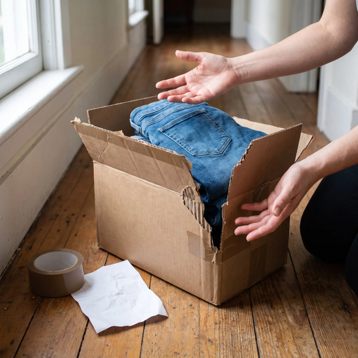 Mit den Händen aufgerissener Versandkarton mit Jeans – so wird die Verpackung für die Retoure unbrauchbar – SICHERHEITSCUTTER.DE